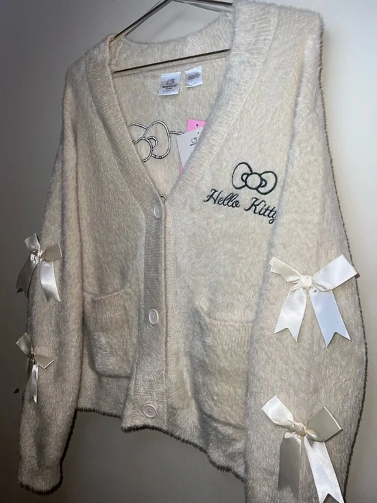 Hello Kitty Bow Sleeve Fuzzy Cardigan Cream Sanrio S/M NWT - Picture 12 of 13